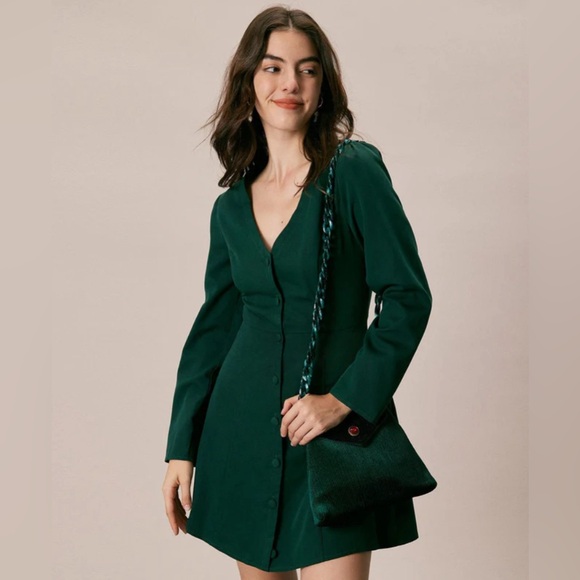 NWT RIHOAS The Green V Neck Button Shirt Mini Dress - Picture 3 of 8
